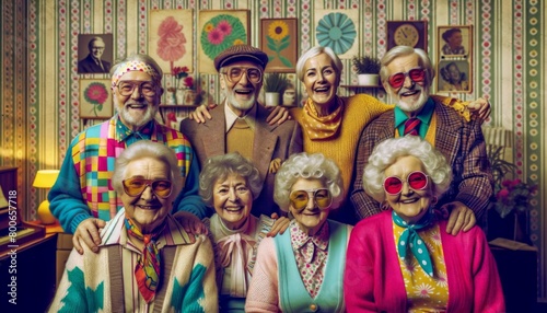 Vibrant group of senior citizens expressing happiness in a room adorned with vivid retro patterns and decor.