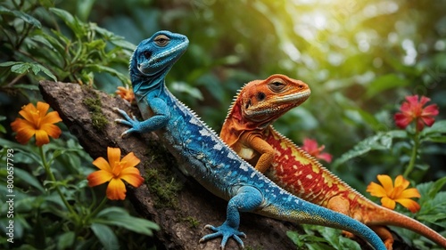 Two lizards perch on moss-covered branch, surrounded by vibrant orange flowers, lush green foliage. One lizard boasts brilliant blue scales with black markings. photo
