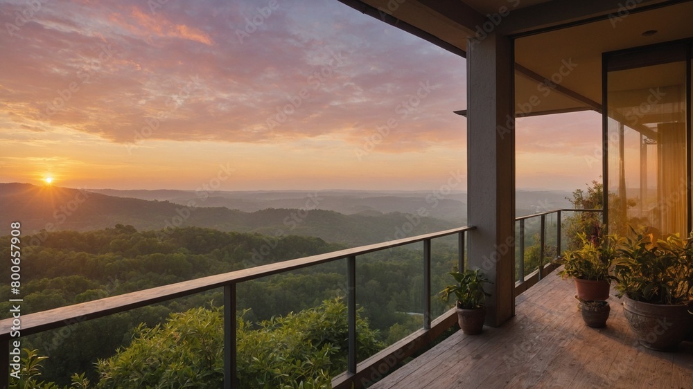 Sun rises over vast landscape of rolling hills covered in lush greenery, casting warm glow on spacious balcony. Potted plants add touch of nature to modern architecture.