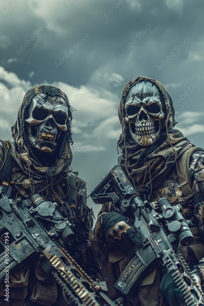 Two men in camouflage holding guns under a cloudy sky. Suitable for military or outdoor activities concept Two men in camouflage holding guns under a cloudy sky. Suitable for military or outdoor activities concept