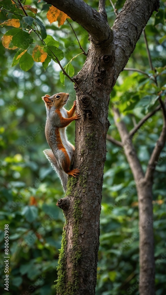 Small squirrel with reddish-brown fur climbs up trunk of tree, its sharp claws gripping rough bark. Animal's bushy tail hangs down behind it, its bright eyes focused on something in distance. Small squirrel with reddish-brown fur climbs up trunk of tree, its sharp claws gripping rough bark. Animal's bushy tail hangs down behind it, its bright eyes focused on something in distance.