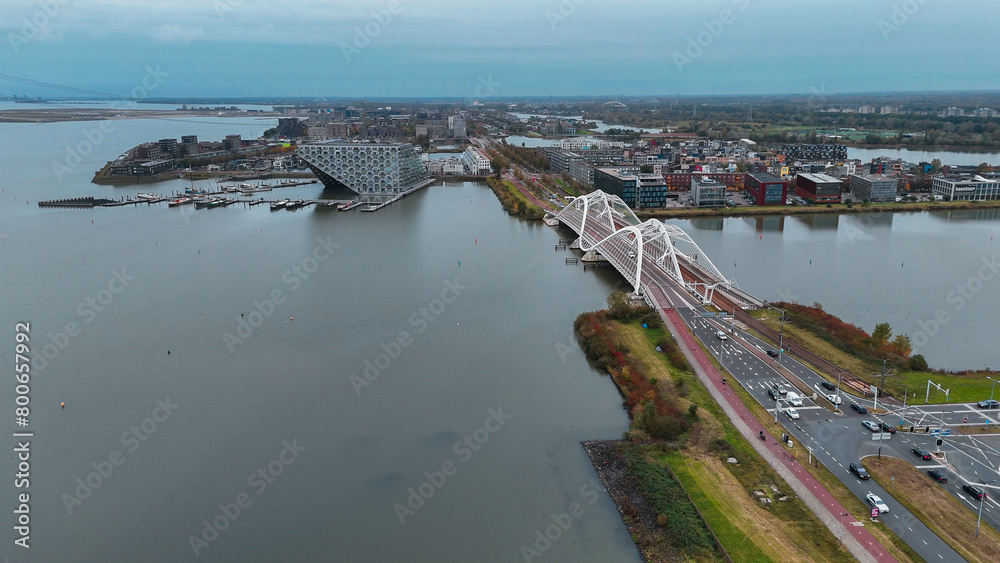 Aerial drone view of modern Enneus Heerma Bridge Amsterdam Netherlands