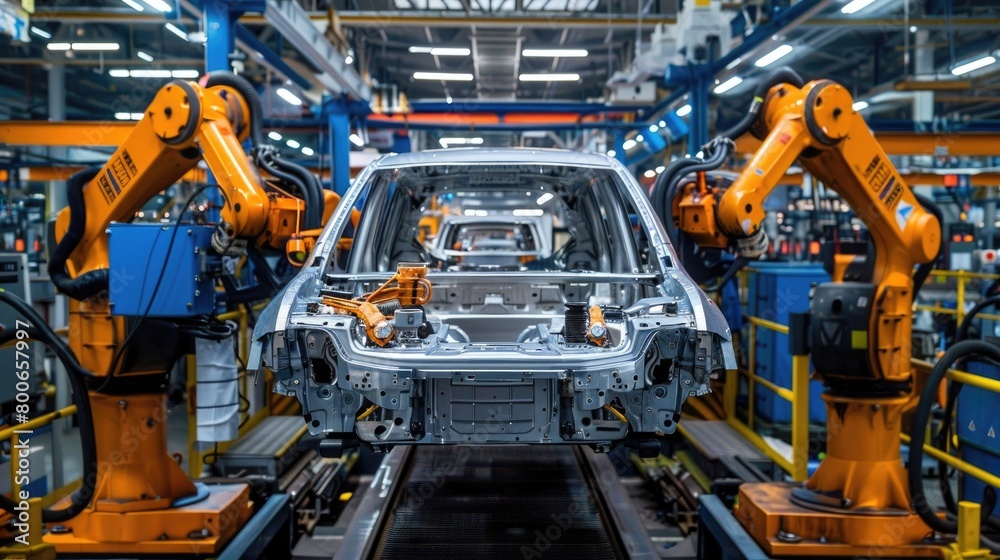 assembly line production of new car automated welding