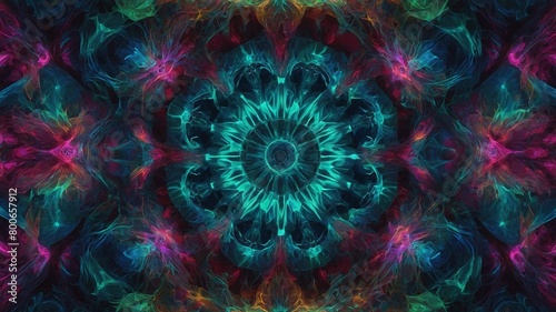 Vibrant turquoise mandala pulsates at center of image, radiating outwards in pointed starbursts. Wispy, ethereal forms in shades of pink, purple, green surround central mandala.