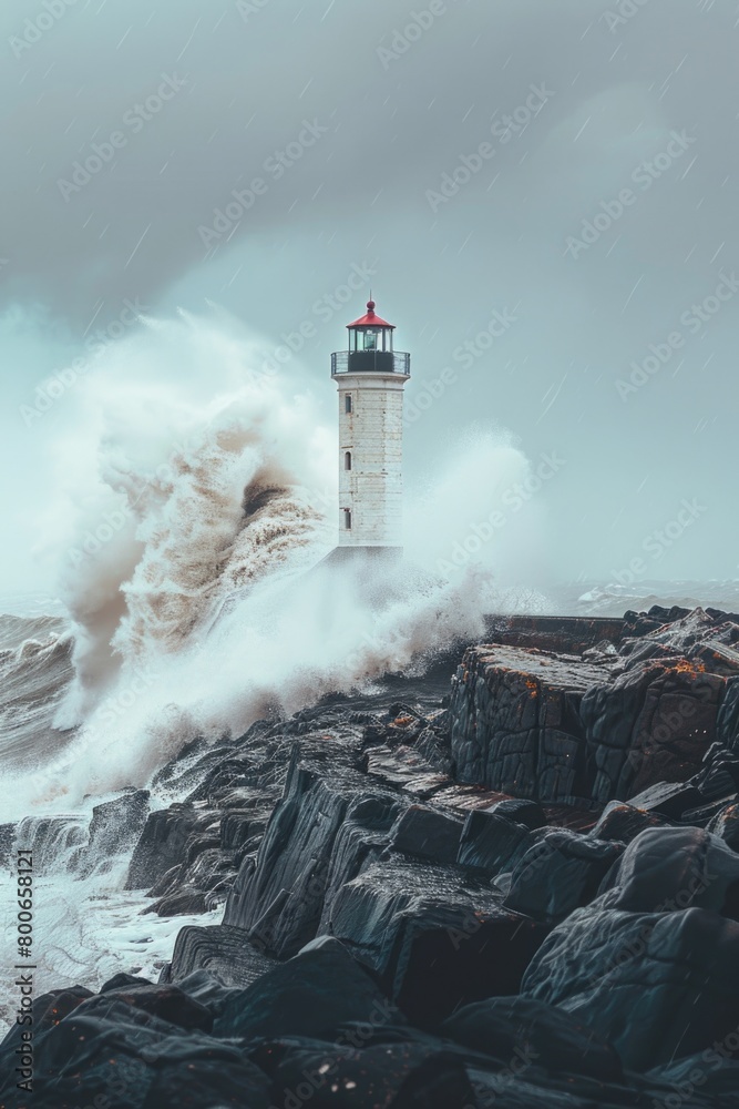 A lighthouse standing on a rocky shore with waves crashing over it. Suitable for maritime and coastal themes