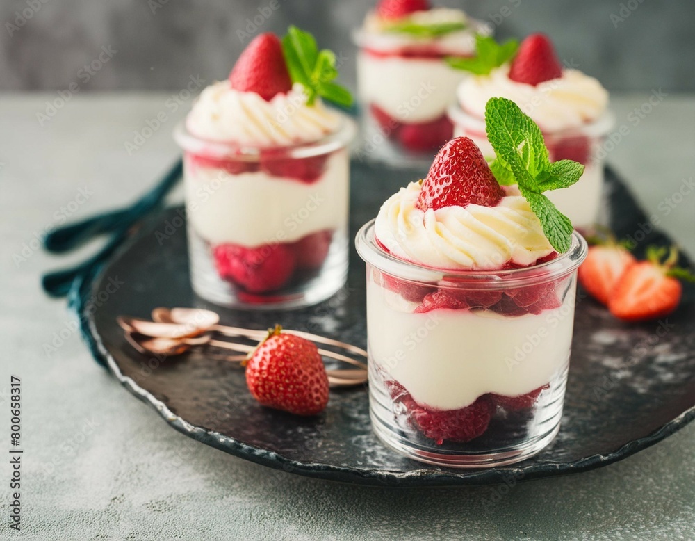 Delicious and delicate raspberry dessert with vanilla cream, strawberry and whipped cream. Selective focus. Delicious and delicate raspberry dessert with vanilla cream, strawberry and whipped cream. Selective focus.