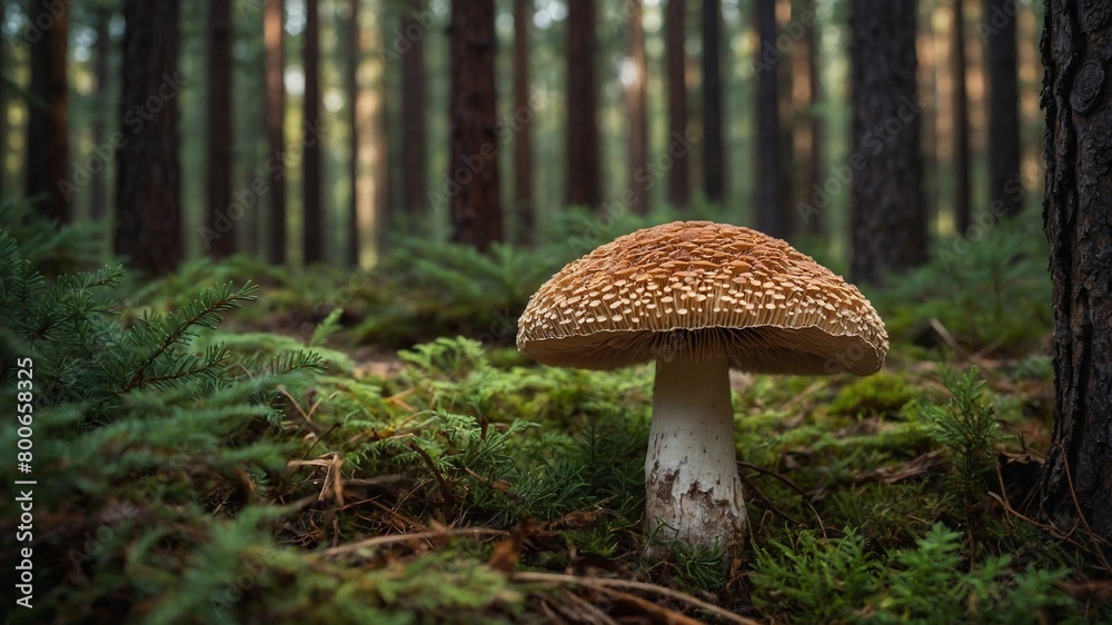 Large mushroom with brown spotted cap, white stem stands prominently in foreground of dense forest. Forest floor covered in lush carpet of green moss, ferns, with tall pine trees rising in background. Large mushroom with brown spotted cap, white stem stands prominently in foreground of dense forest. Forest floor covered in lush carpet of green moss, ferns, with tall pine trees rising in background.