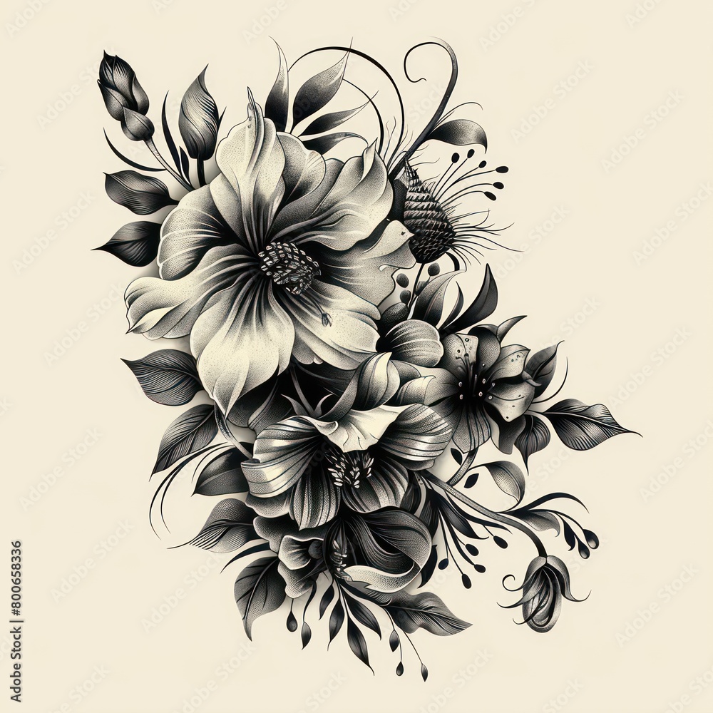 floral design composition in black color with smooth shading and tattoo feel in a white background