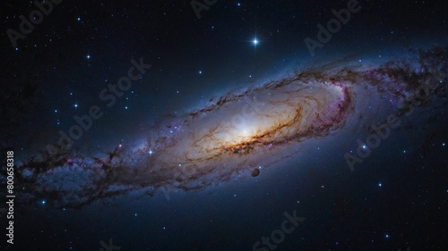 Spiral galaxy dominates frame, its arms swirling outward from bright central core. Dust lanes, glowing regions of star formation trace spiral arms, while smattering of foreground stars. photo