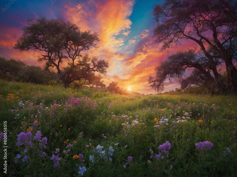 Sun sets over vibrant meadow, casting warm glow on wildflowers, trees. Sky ablaze with color, ranging from fiery orange to soft pink, while clouds streaked with gold. Meadow full of life.