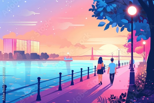 A man and a woman walking down a sidewalk next to a body of water. Suitable for travel or leisure concept