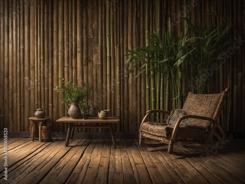 Rustic rocking chair with cozy throw blanket sits invitingly in serene room. Room features wall made of bamboo stalks, adding natural, calming element to space. Wooden coffee table with clay teapot.