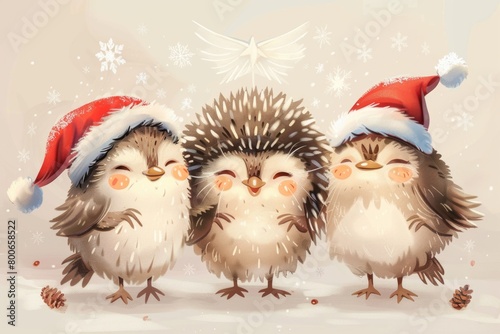 Group of adorable owls dressed for Christmas, perfect for holiday designs © Fotograf
