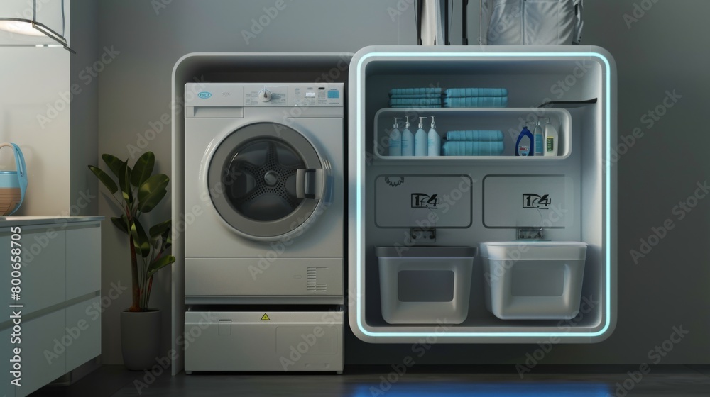 Fototapeta premium Modern Laundry Room With Washer and Detergent Dispenser