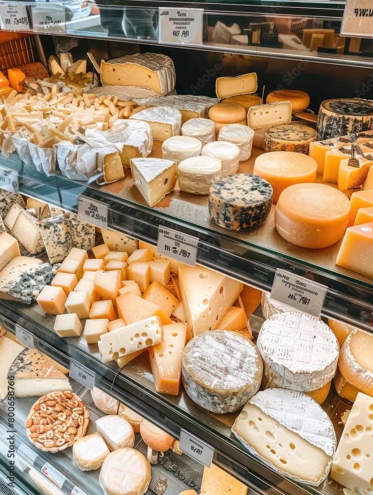 assortment of several cheeses display on a counter meticulously organized on a supermarket shelves assortment of several cheeses display on a counter meticulously organized on a supermarket shelves