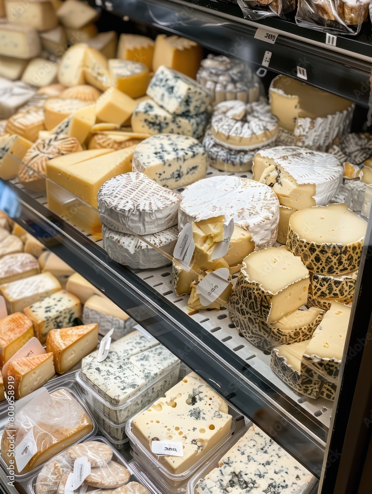 assortment of several cheeses display on a counter meticulously organized on a supermarket shelves