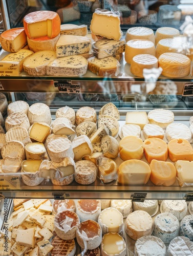 assortment of several cheeses display on a counter meticulously organized on a supermarket shelves