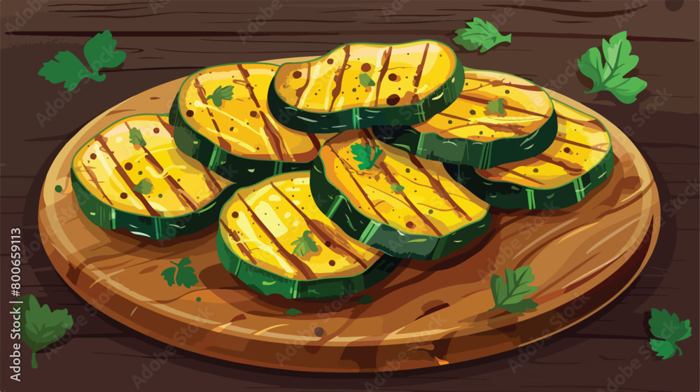 Plate with tasty grilled zucchini on wooden board Vector
