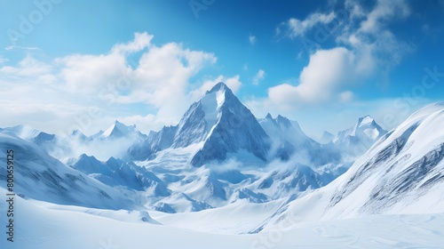 Snowy mountains under blue sky with clouds. Panoramic view.