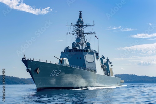 A navy ship sailing on the water, suitable for military or travel concepts