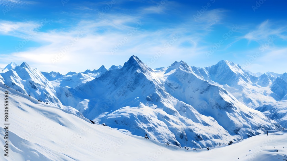 panoramic view of snowy mountains with blue sky in the background