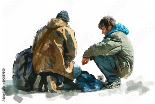 A painting of two individuals sitting on the ground. Suitable for various creative projects