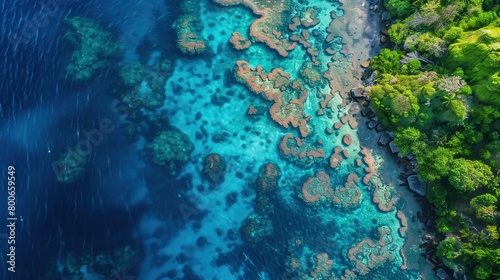 Breathtaking Aerial View of Vibrant Coral Reef Next to Tropical Island