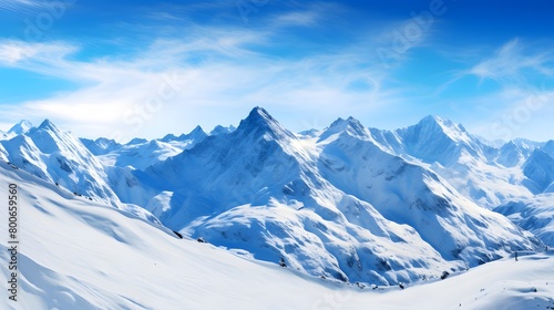 panoramic view of snowy mountains with blue sky in the background
