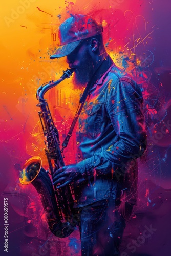 design of an abstract jazz background with a saxophone in neon colors