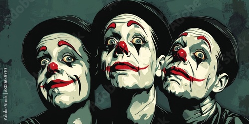 Three clowns wearing red noses and black hats, perfect for circus or entertainment concepts