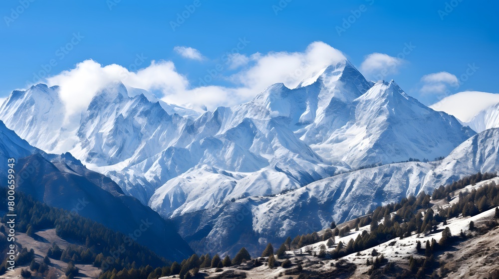 Panoramic view of snow covered mountains in New Zealand alps