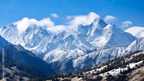 Panoramic view of snow covered mountains in New Zealand alps