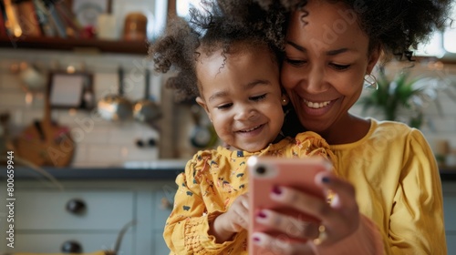 Woman Holding Child While Looking at Cell Phone