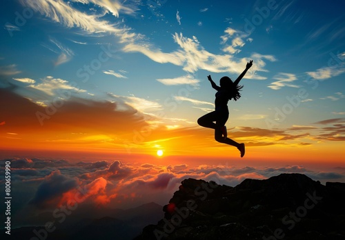 a woman jumping for joy on the top of the mountain with a beautiful sunrise in the background