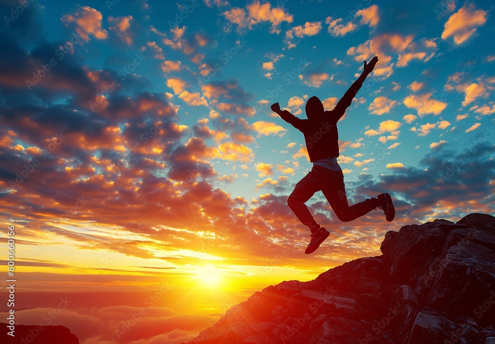a person jumping for joy on the top of the mountain with a beautiful sunrise in the background