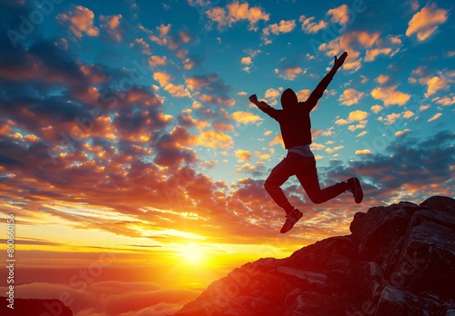 a person jumping for joy on the top of the mountain with a beautiful sunrise in the background