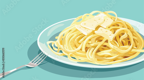 Plate with tasty pasta and cheese on color background