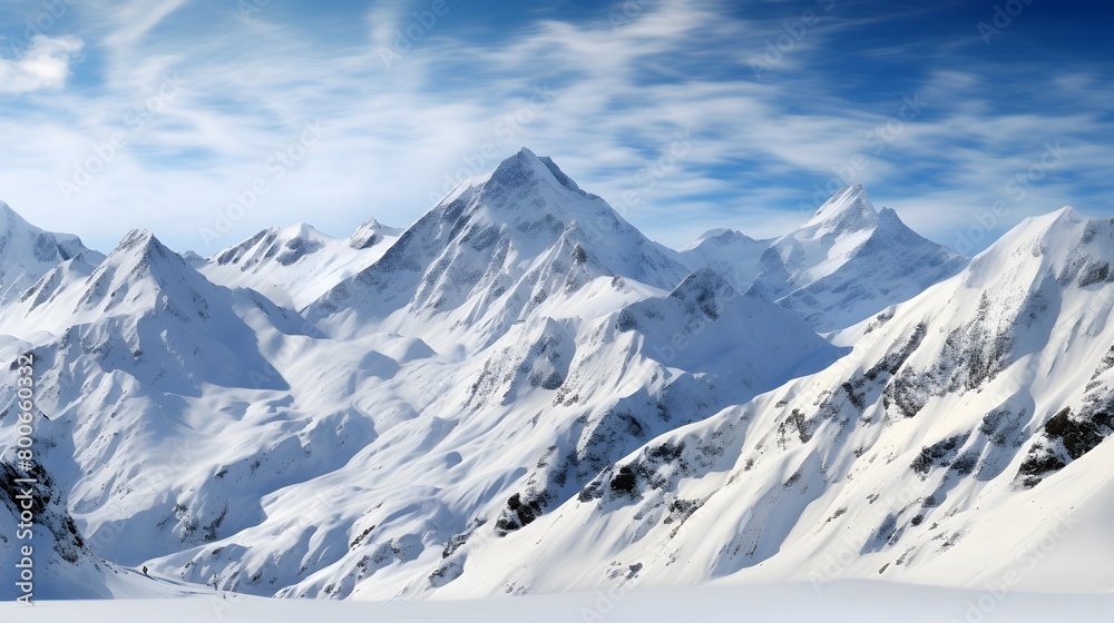 Panorama of snowy mountains with blue sky and white clouds in winter