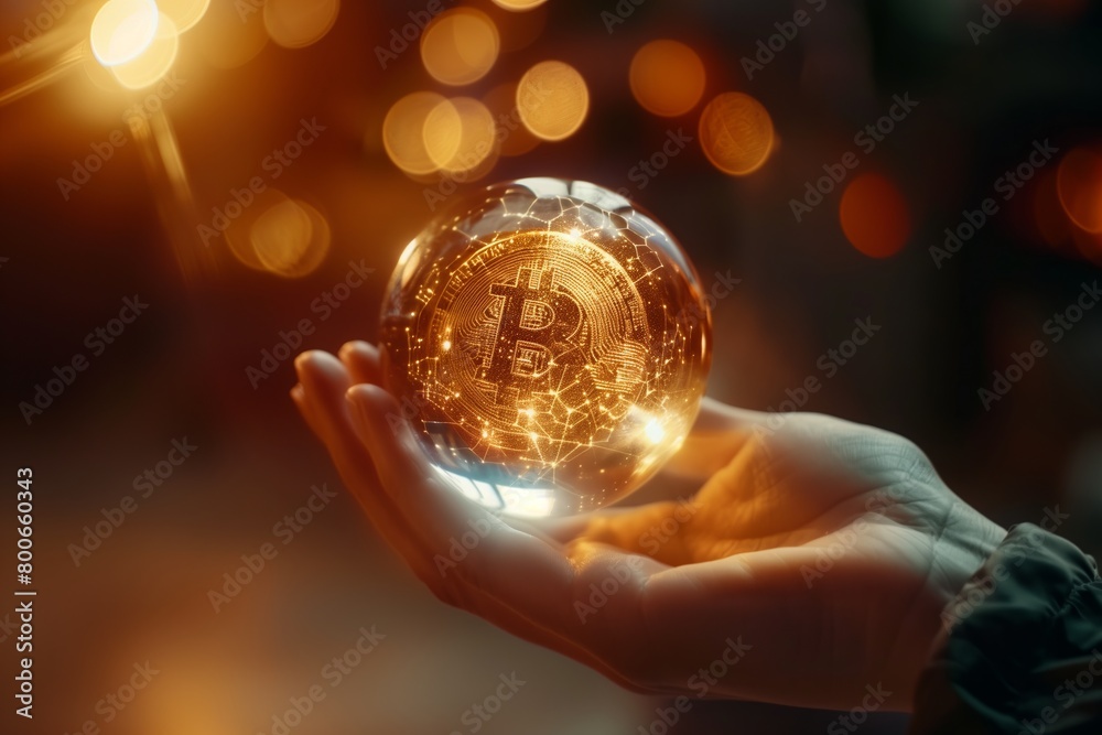 Fototapeta premium A human hand gently holding a glowing orb adorned with the Bitcoin symbol. 