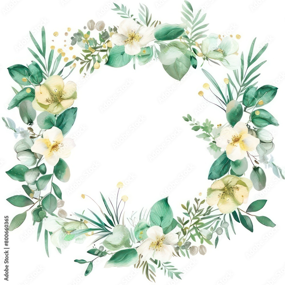 round floral frame crown shaped in light watercolors isolated on a white background