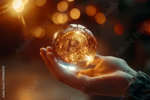 A human hand gently holding a glowing orb adorned with the Bitcoin symbol. 