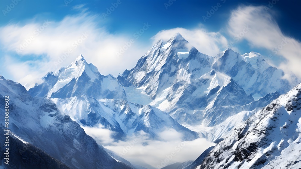 Panoramic view of snow-capped mountains under blue sky