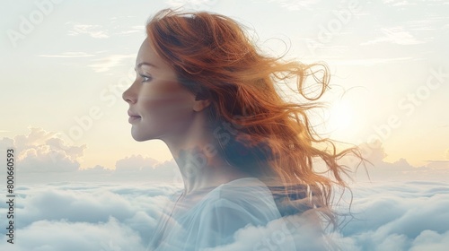 A woman with red hair standing in clouds above the ocean, AI