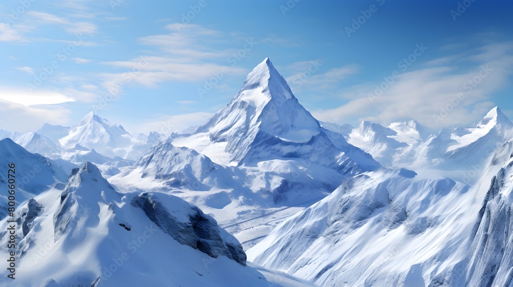 Mountain panorama with snow and clear blue sky 3d rendering