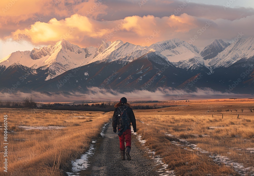 a person walking in front of him saw an open field of mountains and snowcapped peaks