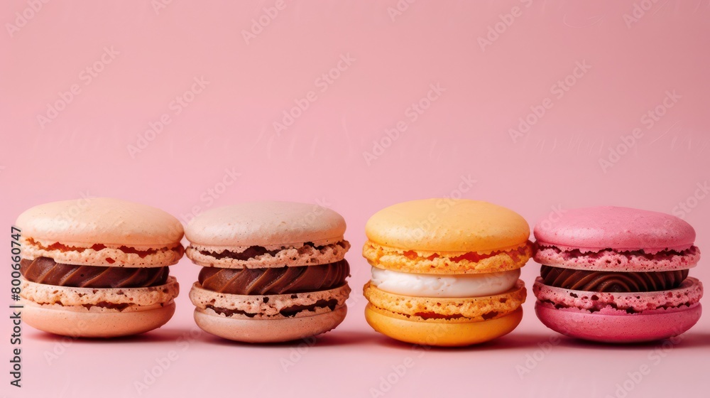 colorful macarons arranged in a light pink background