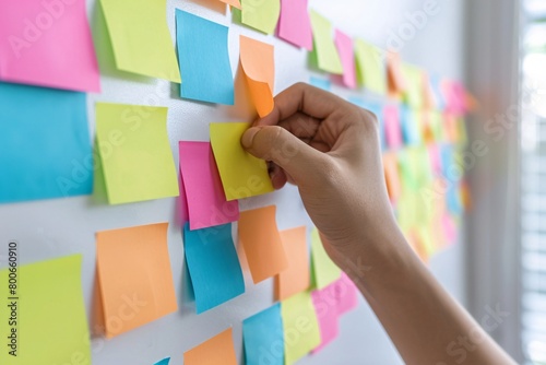 A persons hand putting post-it notes on the wall symboliz