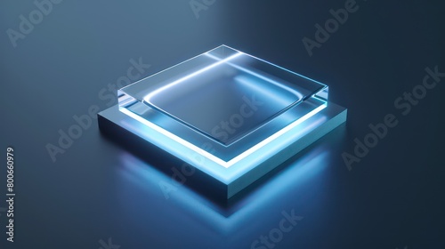 design of a centered icon with frosted glass and simple structure, transparent blue and white in a dark background © Dekastro