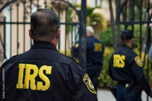 IRS tax agents standing in front of a mansion for a raid © blvdone