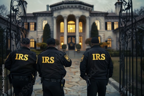 IRS tax agents standing in front of a mansion for a raid photo